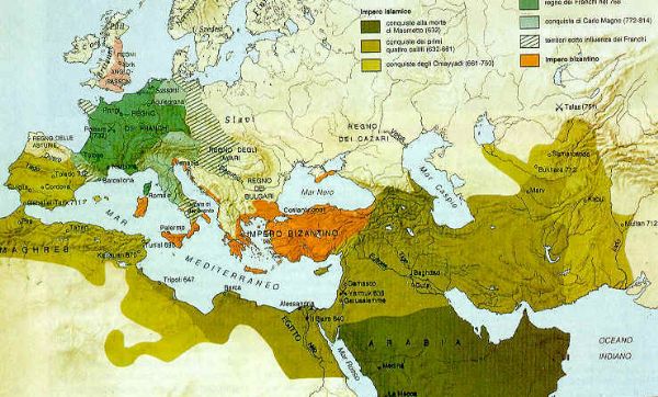 La guerra santa, dopo la morte di Maometto, portò gli Arabi fuori dai confini dell'Arabia e, dopo la conquista dei grandi imperi bizantino e persiano, iniziò una fase di ampliamento dei confini dell'impero arabo allinterno del Mediterraneo