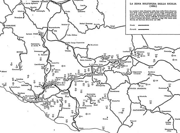 Cartina della zona solfifera della Sicilia Immagine di una cartina della zona solfifera della Sicilia con l'indicazione dei gruppi di solfare in esercizio nell'anno 1885